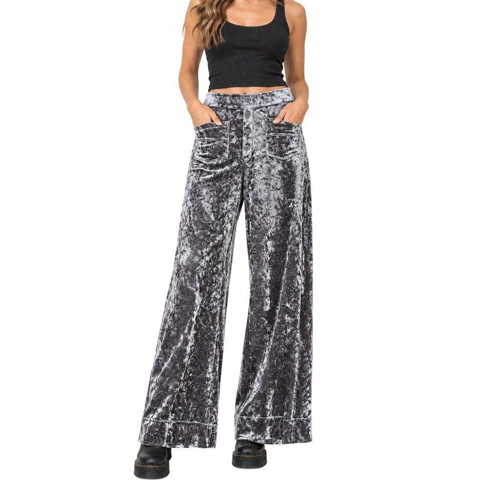 Halara Silver Gray Crushed Velvet Wide Leg Pants Button Front Size Large